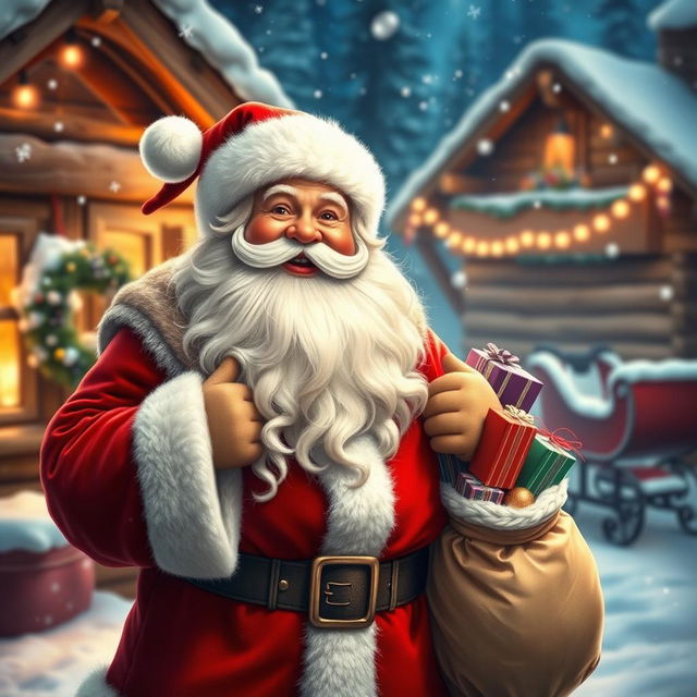 An enchanting depiction of Santa Claus standing joyfully at the North Pole