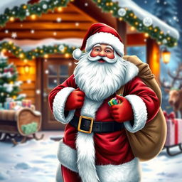 An enchanting depiction of Santa Claus standing joyfully at the North Pole