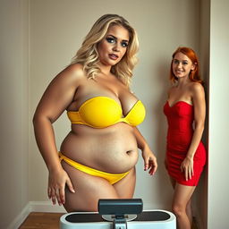 A beautiful, curvy 18-year-old girl with blonde hair and a thin face embodies a blend of sexiness and sweetness, posed in a softly lit setting