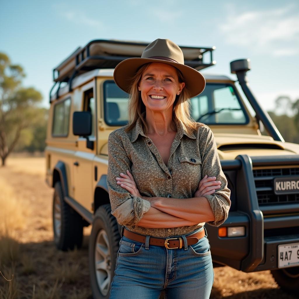 A 55-year-old Australian female country woman standing next to a robust four-wheel drive car in a scenic rural setting