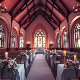 A beautifully designed church hall featuring a stunning combination of gitam (a warm, rich hue reminiscent of deep burgundy) and white colors