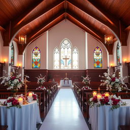 A beautifully designed church hall featuring a stunning combination of gitam (a warm, rich hue reminiscent of deep burgundy) and white colors