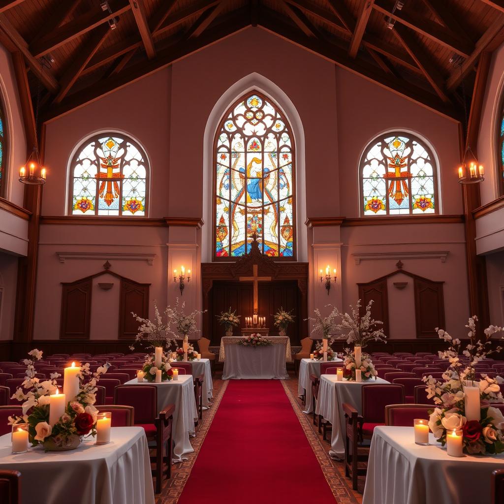 A beautifully designed church hall featuring a stunning combination of gitam (a warm, rich hue reminiscent of deep burgundy) and white colors