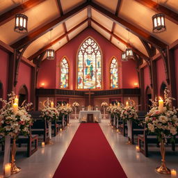 A beautifully designed church hall featuring a stunning combination of gitam (a warm, rich hue reminiscent of deep burgundy) and white colors