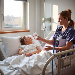 A comforting hospital ward setting, featuring a nurse gently administering saline to a patient resting in a hospital bed