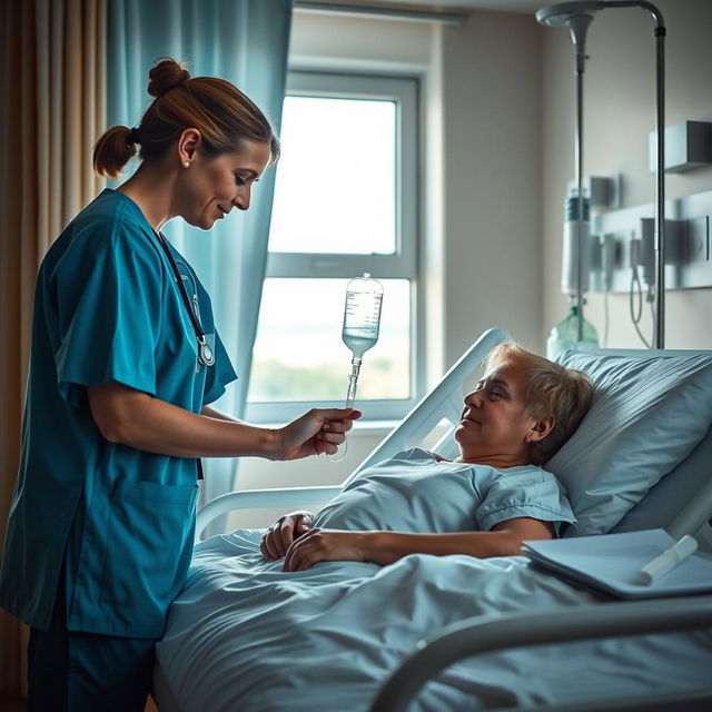 A comforting hospital ward setting, featuring a nurse gently administering saline to a patient resting in a hospital bed