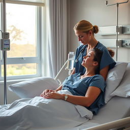 A comforting hospital ward setting, featuring a nurse gently administering saline to a patient resting in a hospital bed