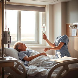 A comforting hospital ward setting, featuring a nurse gently administering saline to a patient resting in a hospital bed