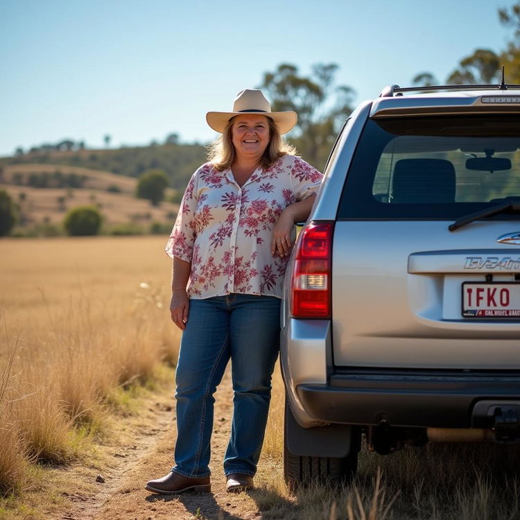 An overweight 55-year-old Australian female country woman standing next to a sturdy SUV car in a serene rural setting