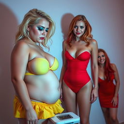 A beautiful, curvy 18-year-old girl with blonde hair and a thin face embodies a blend of sexiness and sweetness