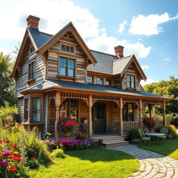 A charming vintage house with intricate architectural details, featuring a wrap-around porch, an old-fashioned gabled roof, and beautifully adorned wooden windows