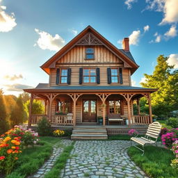 A charming vintage house with intricate architectural details, featuring a wrap-around porch, an old-fashioned gabled roof, and beautifully adorned wooden windows