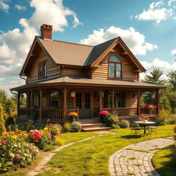 A charming vintage house with intricate architectural details, featuring a wrap-around porch, an old-fashioned gabled roof, and beautifully adorned wooden windows