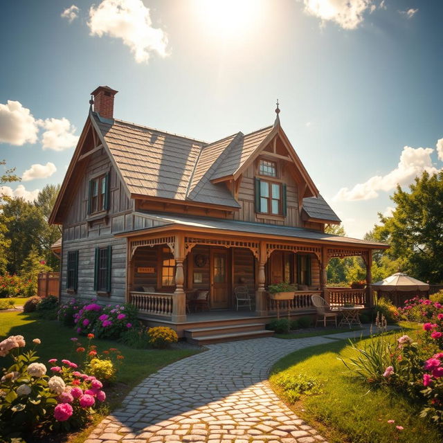 A charming vintage house with intricate architectural details, featuring a wrap-around porch, an old-fashioned gabled roof, and beautifully adorned wooden windows