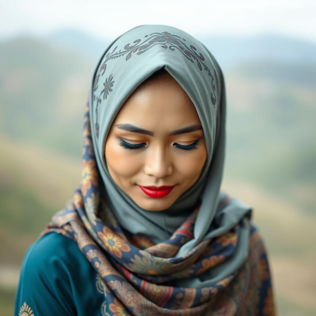 A portrait of a Malay woman wearing a beautifully designed hijab, made of vibrant and intricate patterns