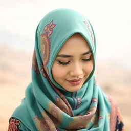 A portrait of a Malay woman wearing a beautifully designed hijab, made of vibrant and intricate patterns