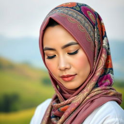 A portrait of a Malay woman wearing a beautifully designed hijab, made of vibrant and intricate patterns