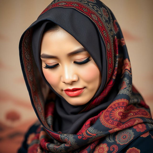 A portrait of a Malay woman wearing a beautifully designed hijab, made of vibrant and intricate patterns