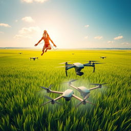 Hanuman, the Hindu monkey god, soaring high above vast, lush paddy fields, his powerful form radiating strength and energy as he glows in the warm sunlight