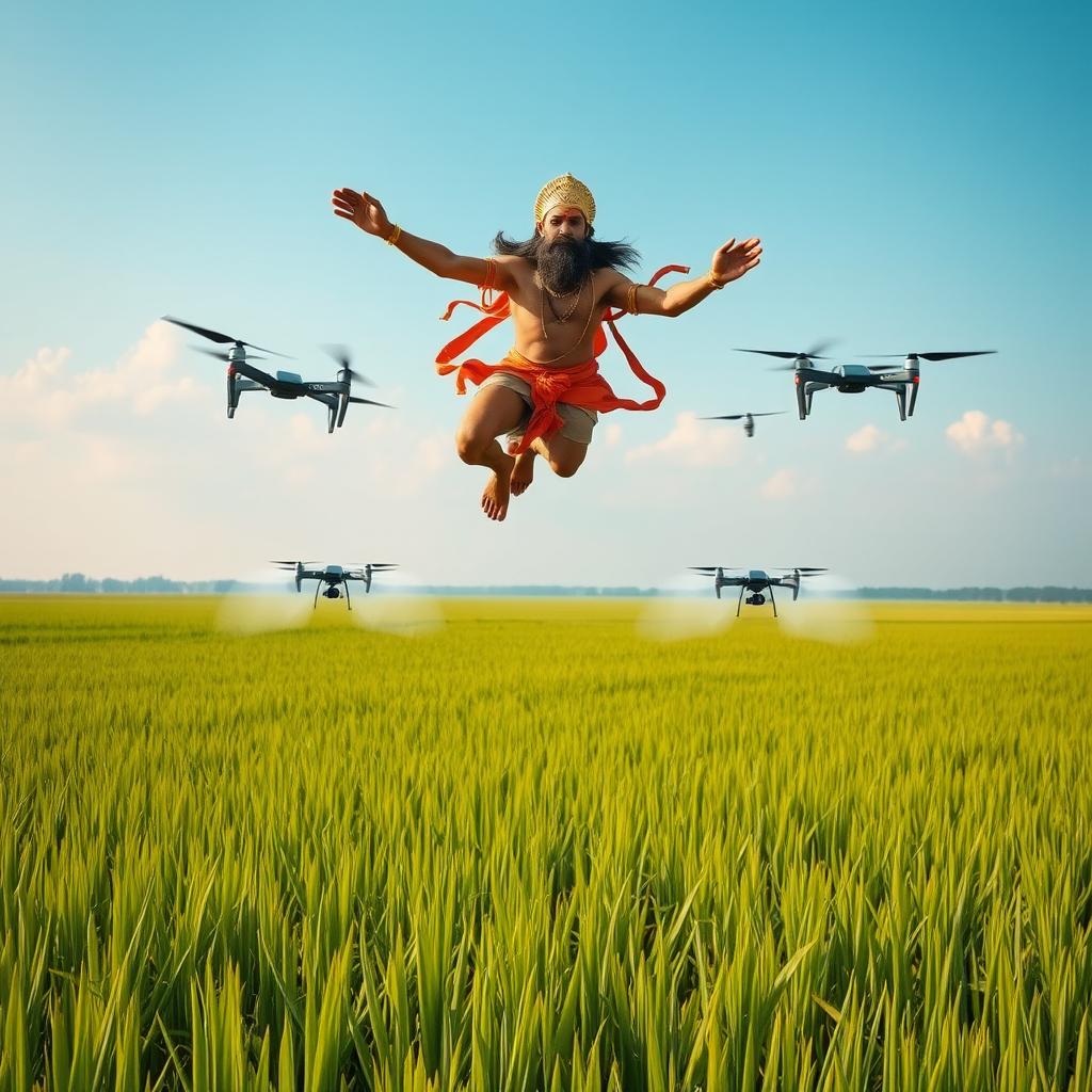 Hanuman, the Hindu monkey god, soaring high above vast, lush paddy fields, his powerful form radiating strength and energy as he glows in the warm sunlight