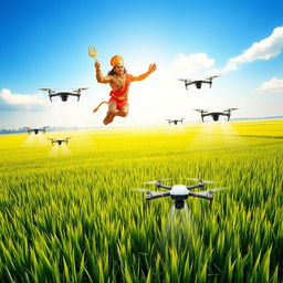 Hanuman, the Hindu monkey god, soaring high above vast, lush paddy fields, his powerful form radiating strength and energy as he glows in the warm sunlight