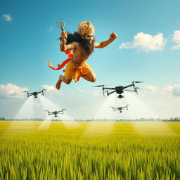 Hanuman, the Hindu monkey god, soaring high above vast, lush paddy fields, his powerful form radiating strength and energy as he glows in the warm sunlight