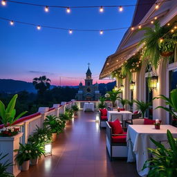 A serene view of the terrace of a church hall, elegantly designed with a combination of gitam (a deep burgundy) and white colors