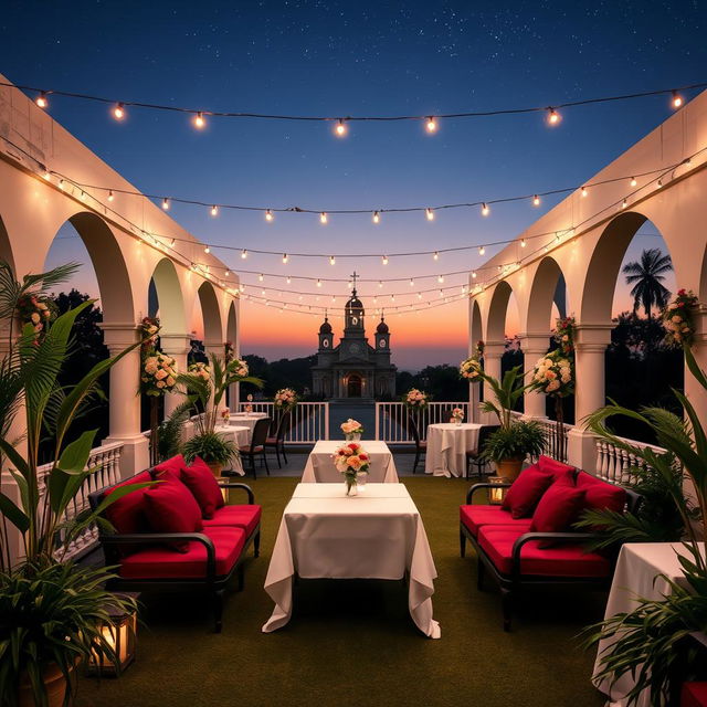 A serene view of the terrace of a church hall, elegantly designed with a combination of gitam (a deep burgundy) and white colors