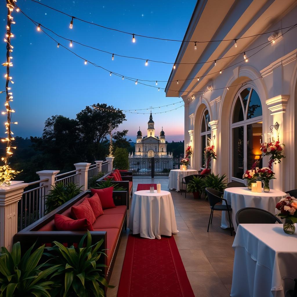 A serene view of the terrace of a church hall, elegantly designed with a combination of gitam (a deep burgundy) and white colors