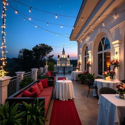 A serene view of the terrace of a church hall, elegantly designed with a combination of gitam (a deep burgundy) and white colors