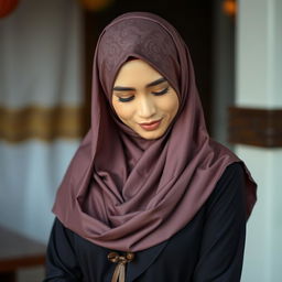 A portrait of a Malay woman wearing a beautifully designed hijab, made of soft, vibrant fabric that drapes elegantly over her head