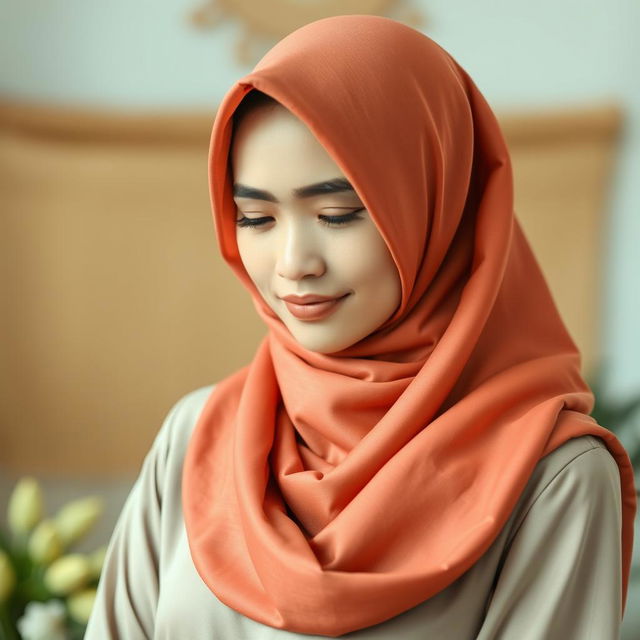 A portrait of a Malay woman wearing a beautifully designed hijab, made of soft, vibrant fabric that drapes elegantly over her head