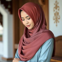 A portrait of a Malay woman wearing a beautifully designed hijab, made of soft, vibrant fabric that drapes elegantly over her head