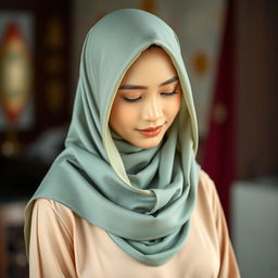 A portrait of a Malay woman wearing a beautifully designed hijab, made of soft, vibrant fabric that drapes elegantly over her head