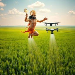 Hanuman, the Hindu monkey god, soaring majestically above vast paddy fields, showcasing his powerful form radiant with strength and glowing in the sunlight