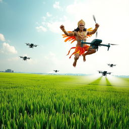 Hanuman, the Hindu monkey god, soaring majestically above vast paddy fields, showcasing his powerful form radiant with strength and glowing in the sunlight