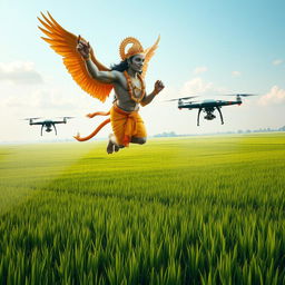 Hanuman, the Hindu monkey god, soaring majestically above vast paddy fields, showcasing his powerful form radiant with strength and glowing in the sunlight