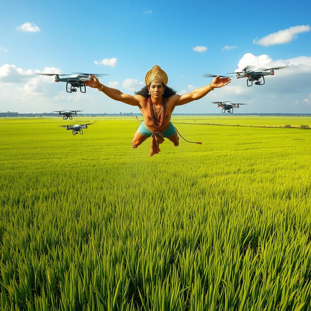 Hanuman, the Hindu monkey god, soaring majestically above vast paddy fields, showcasing his powerful form radiant with strength and glowing in the sunlight