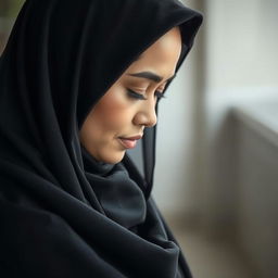 A beautiful Malay woman wearing a dark hijab, with hints of fabric peeking through at the edges