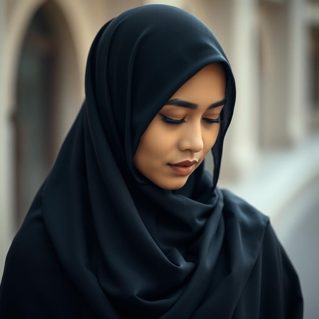 A beautiful Malay woman wearing a dark hijab, with hints of fabric peeking through at the edges