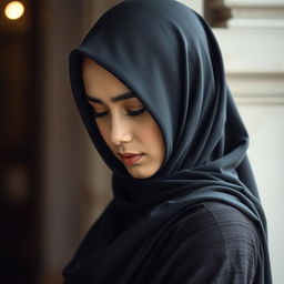 A beautiful Malay woman wearing a dark hijab, with hints of fabric peeking through at the edges