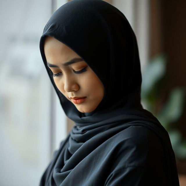 A beautiful Malay woman wearing a dark hijab, with hints of fabric peeking through at the edges