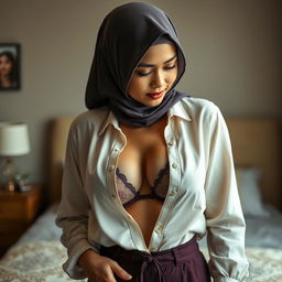 A mature Malay woman in a stylish hijab, posing in a sexy and seductive manner