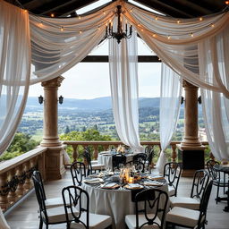 A captivating view of the terrace of a castle hall, elegantly designed with a striking combination of black and white colors
