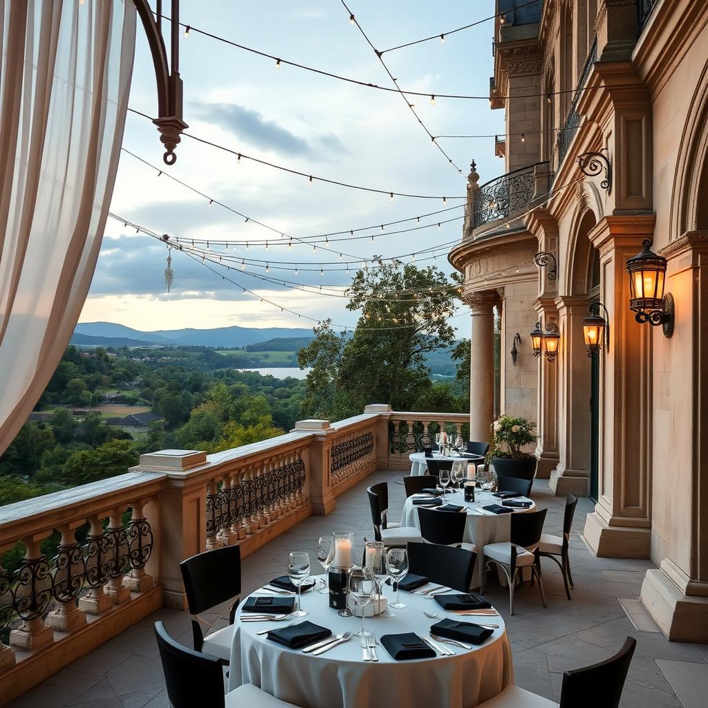 A captivating view of the terrace of a castle hall, elegantly designed with a striking combination of black and white colors