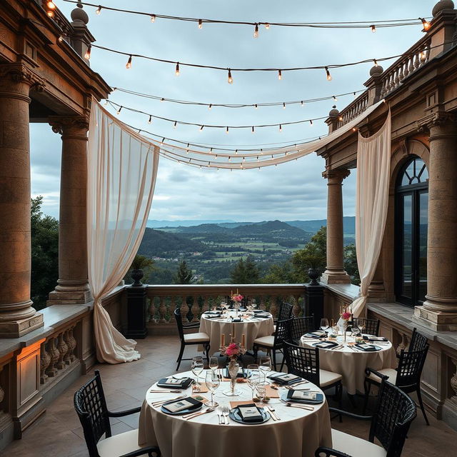 A captivating view of the terrace of a castle hall, elegantly designed with a striking combination of black and white colors