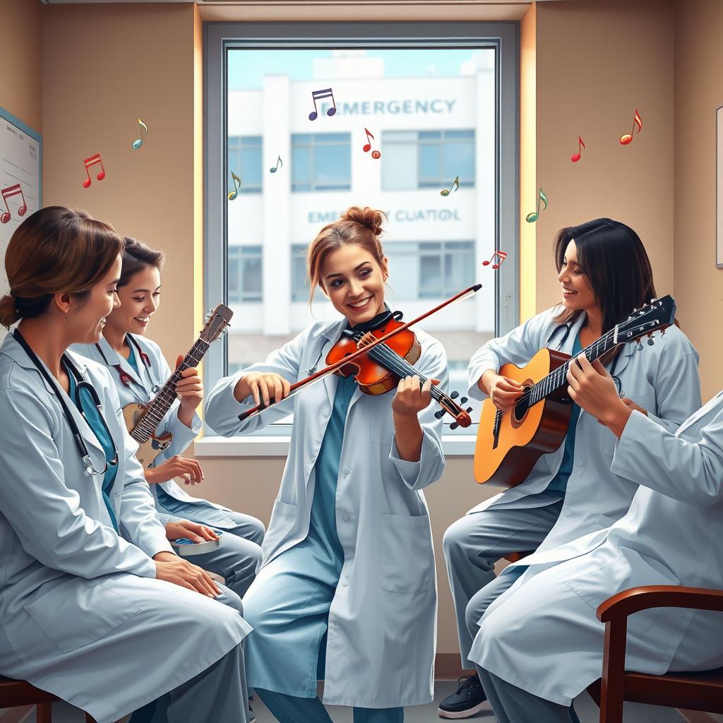 A group of emergency medicine doctors enjoying a break in their rest room, vividly depicted with one lady doctor playing a violin, surrounded by her colleagues who are playing various musical instruments like a guitar, a flute, and a tambourine