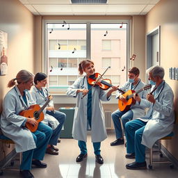 A group of emergency medicine doctors enjoying a break in their rest room, vividly depicted with one lady doctor playing a violin, surrounded by her colleagues who are playing various musical instruments like a guitar, a flute, and a tambourine