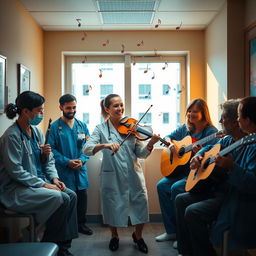 A group of emergency medicine doctors enjoying a break in their rest room, vividly depicted with one lady doctor playing a violin, surrounded by her colleagues who are playing various musical instruments like a guitar, a flute, and a tambourine