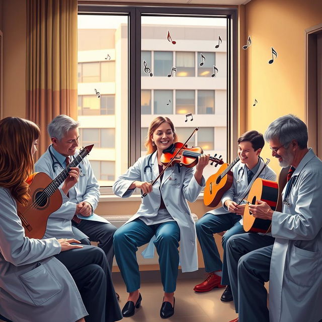 A group of emergency medicine doctors enjoying a break in their rest room, vividly depicted with one lady doctor playing a violin, surrounded by her colleagues who are playing various musical instruments like a guitar, a flute, and a tambourine